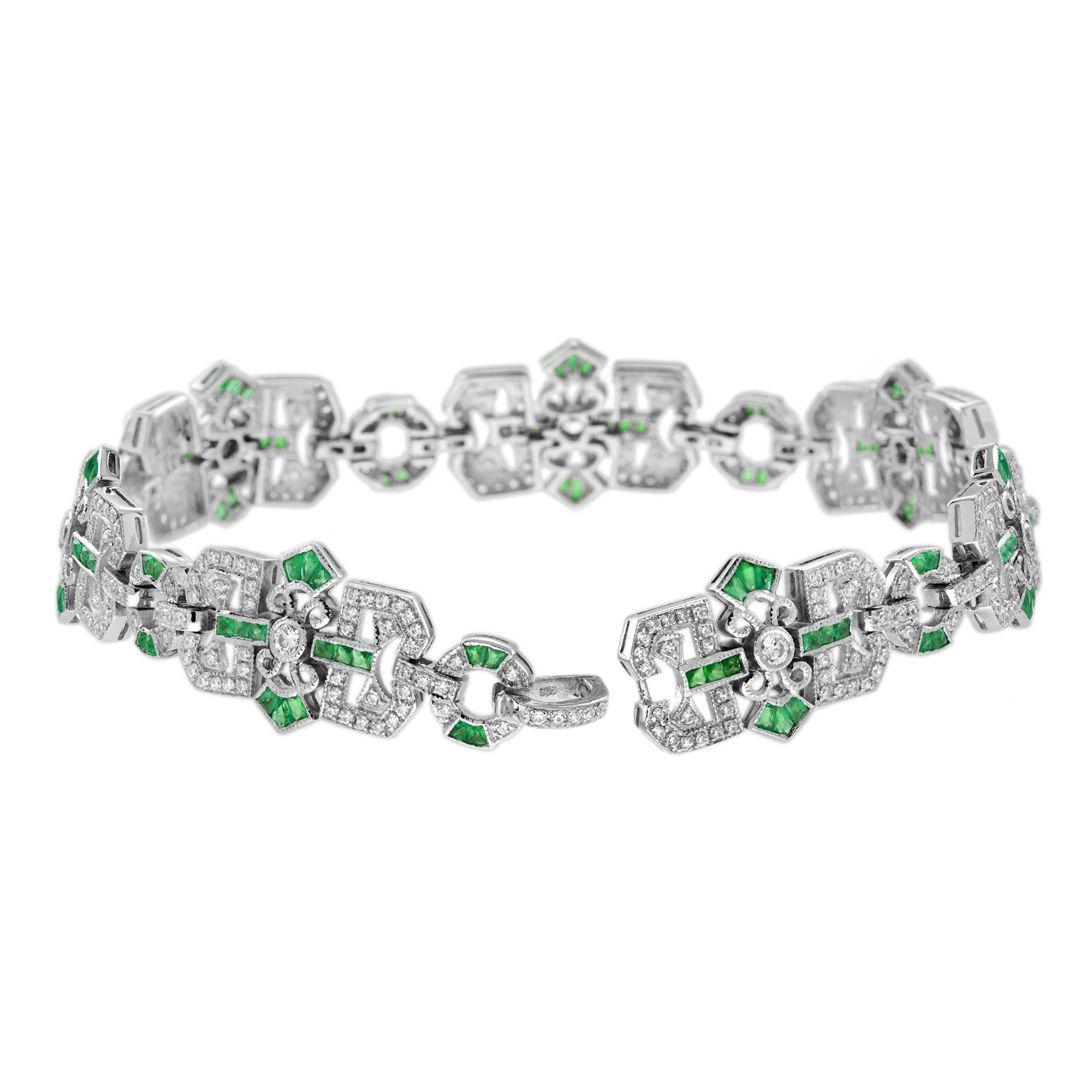 Diamond & Emerald Vintage Inspired Art Deco Filigree Style Link White Bracelet