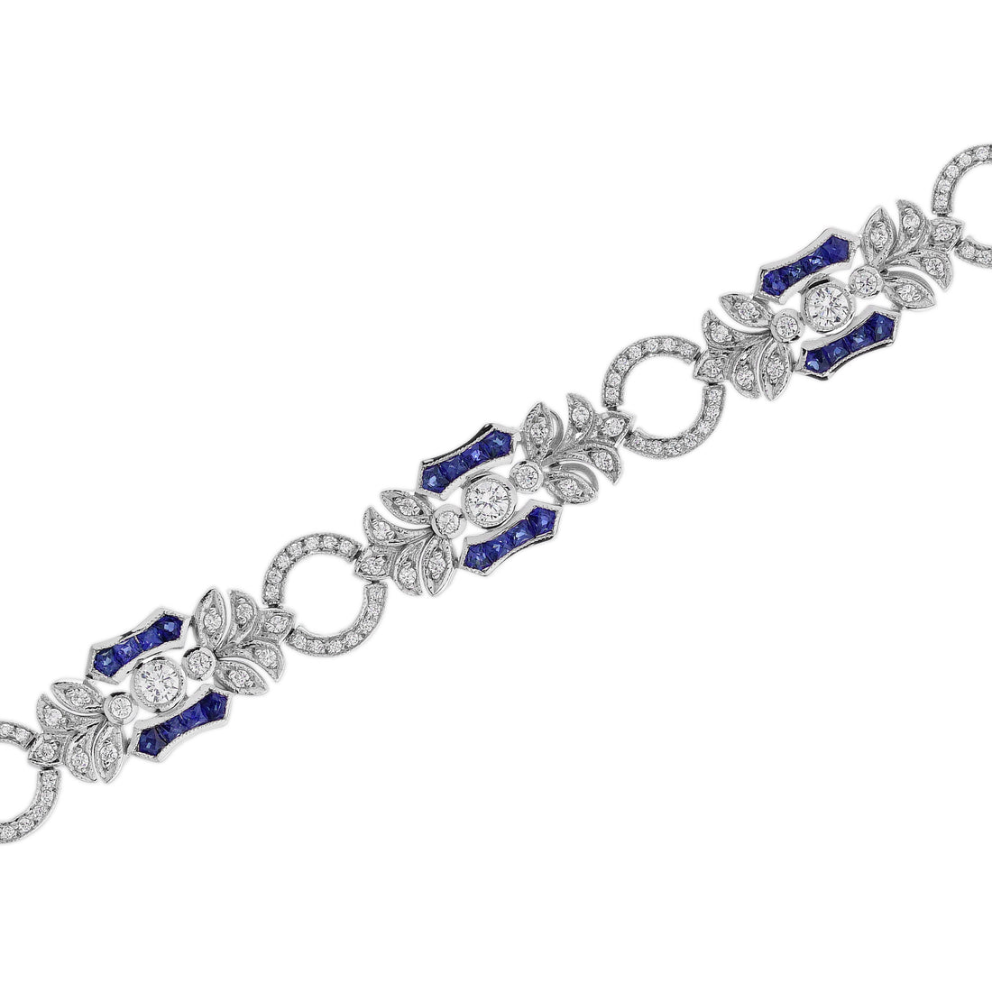 Blue Sapphire & Diamond Vintage Inspired Edwardian StyleLink White Gold Bracelet
