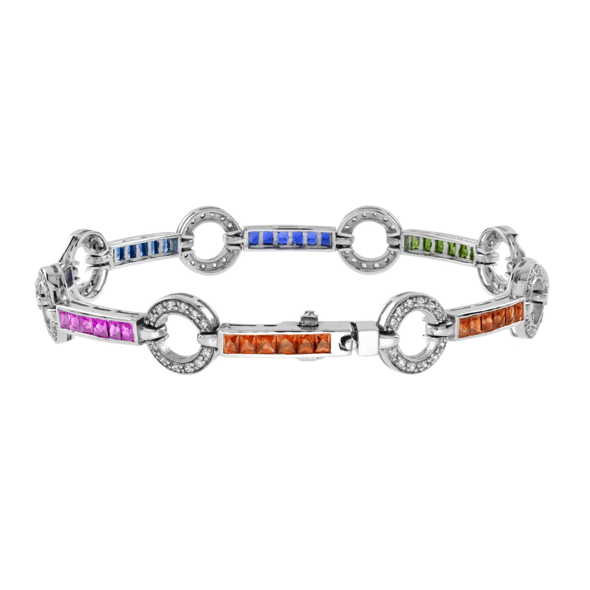 Diamond Square Rainbow Color Sapphire Donut Round Link Tennis Line Gold Bracelet
