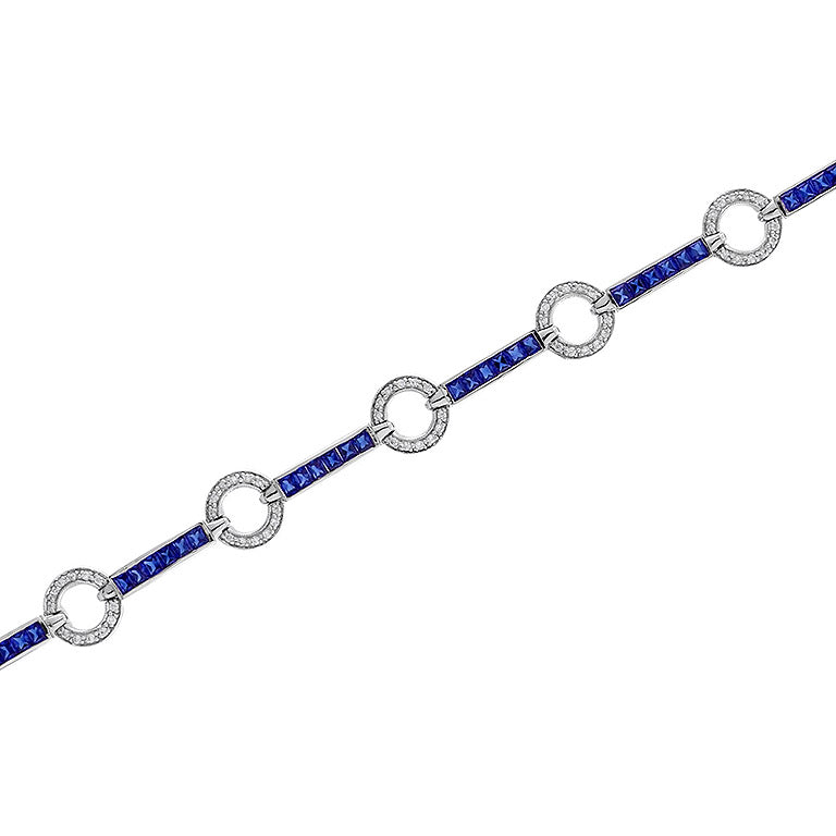 Art Deo Style Diamond & Blue Sapphire Tennis Circle 18K White Gold Bracelet