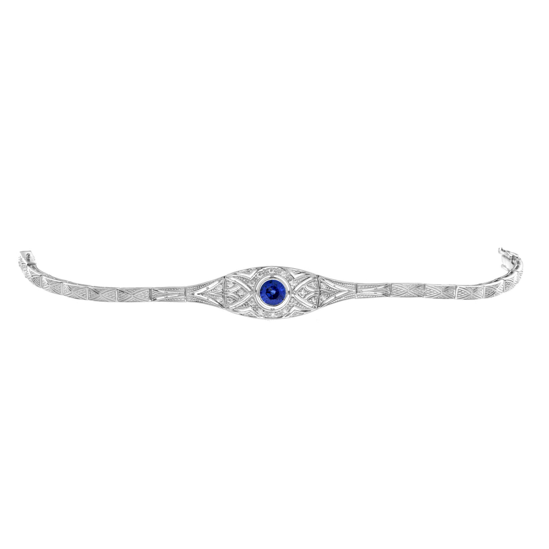Blue Sapphire & Diamond Art Deco Style White Gold Line Bracelet