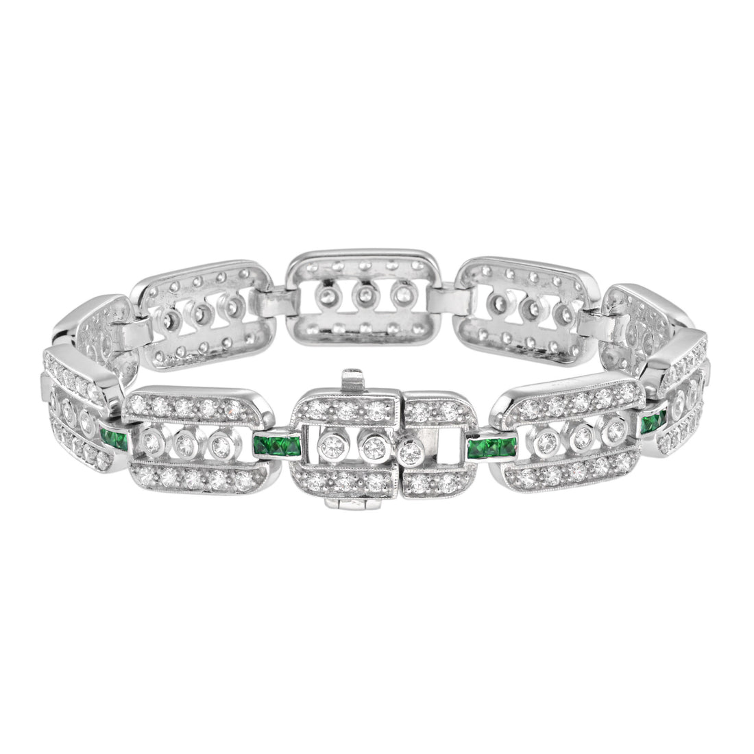 Art Deco Style Diamond & Emerald Line Unique 14K White Gold Bracelet