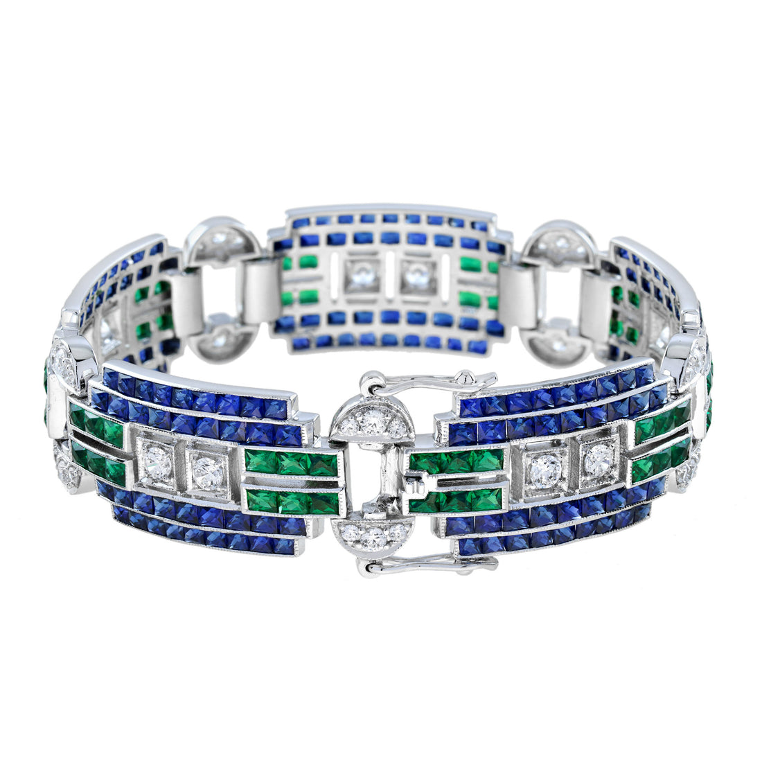 Diamond & Blue Sapphire Emerald Art Deco Style White Gold Wide Unique Bracelet