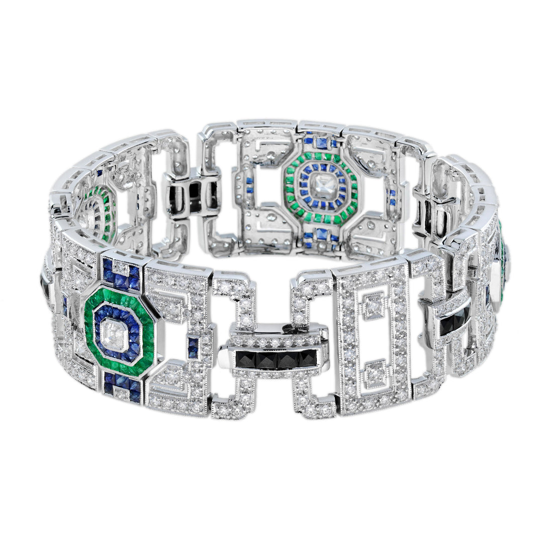 Green Emerald Sapphire & Diamond Art Deco Style 18KW White Gold Unique Bracelet