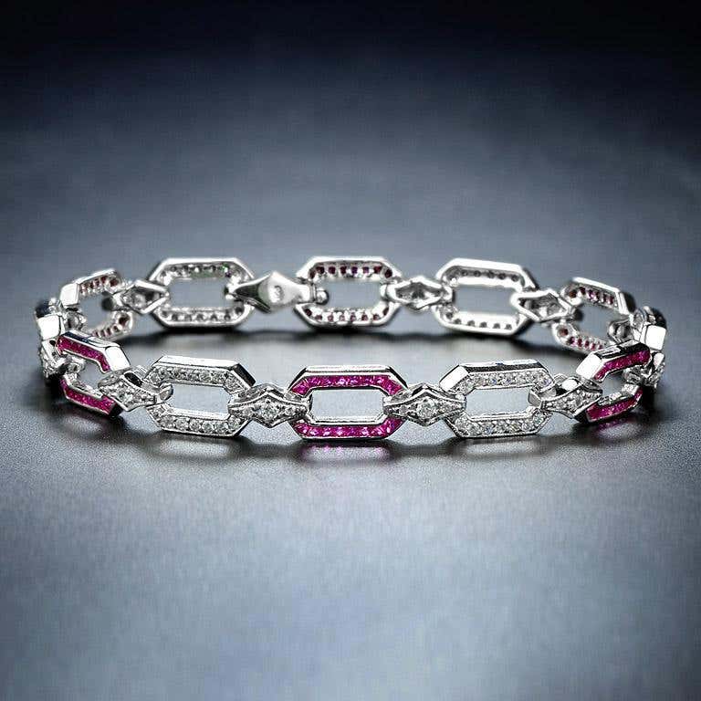 Pink Red Ruby & Diamond Art Deco Style Inspired Link 18K White Gold Bracelet