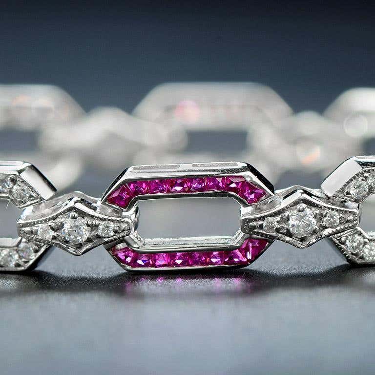 Pink Red Ruby & Diamond Art Deco Style Inspired Link 18K White Gold Bracelet