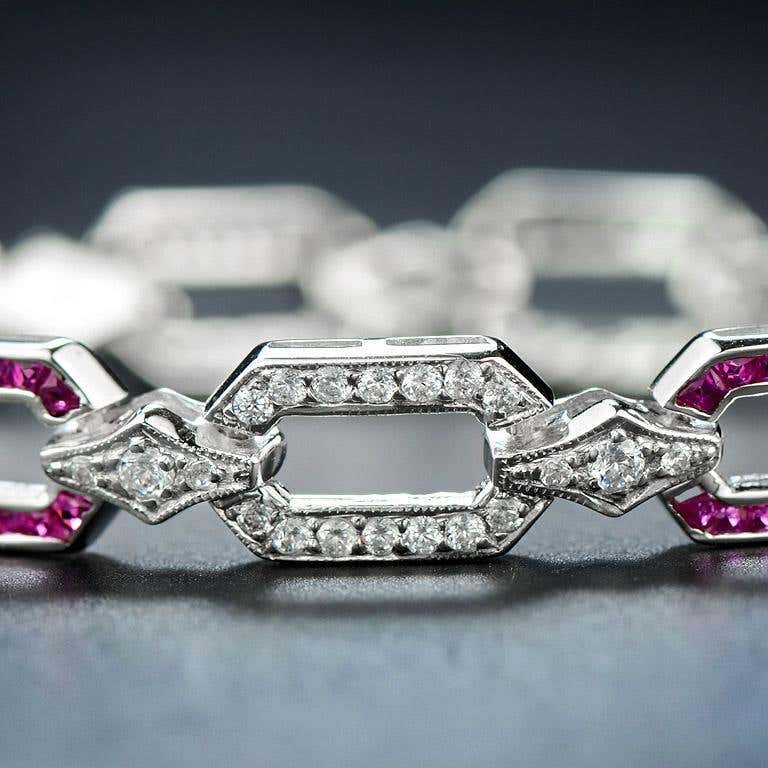 Pink Red Ruby & Diamond Art Deco Style Inspired Link 18K White Gold Bracelet