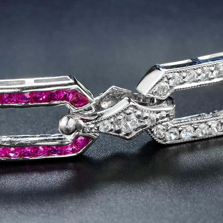 Pink Red Ruby & Diamond Art Deco Style Inspired Link 18K White Gold Bracelet
