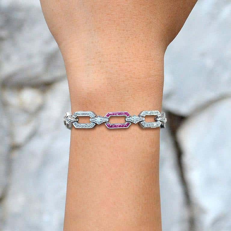 Pink Red Ruby & Diamond Art Deco Style Inspired Link 18K White Gold Bracelet
