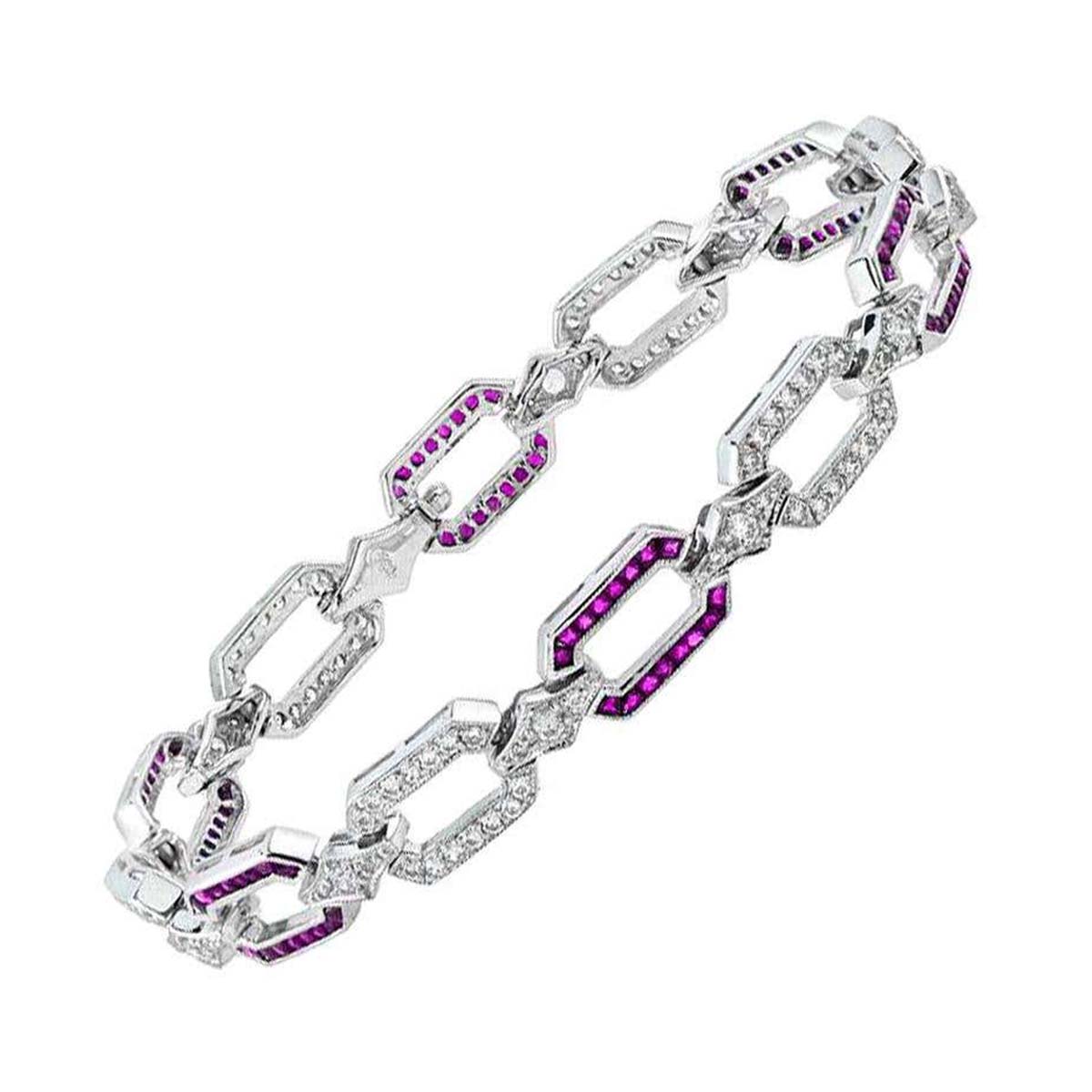 Pink Red Ruby & Diamond Art Deco Style Inspired Link 18K White Gold Bracelet