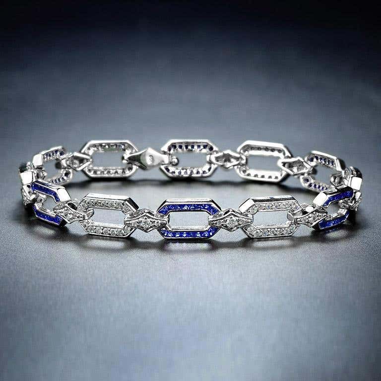 Art Deco Inspired Style Blue Sapphire & Diamond Link White Gold Bracelet