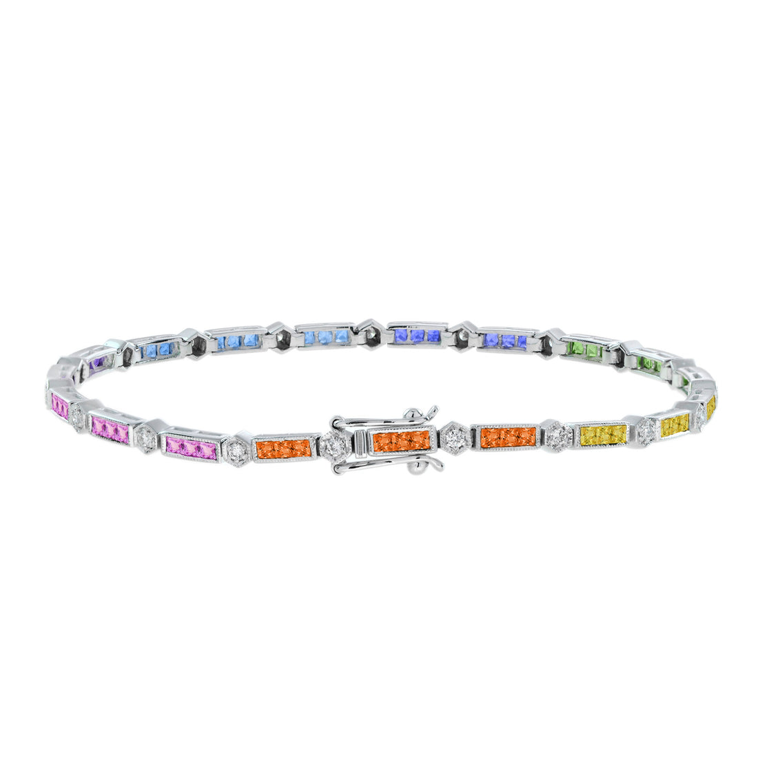 Diamond Square Rainbow Color Sapphire Tennis Line Link White Gold Bracelet