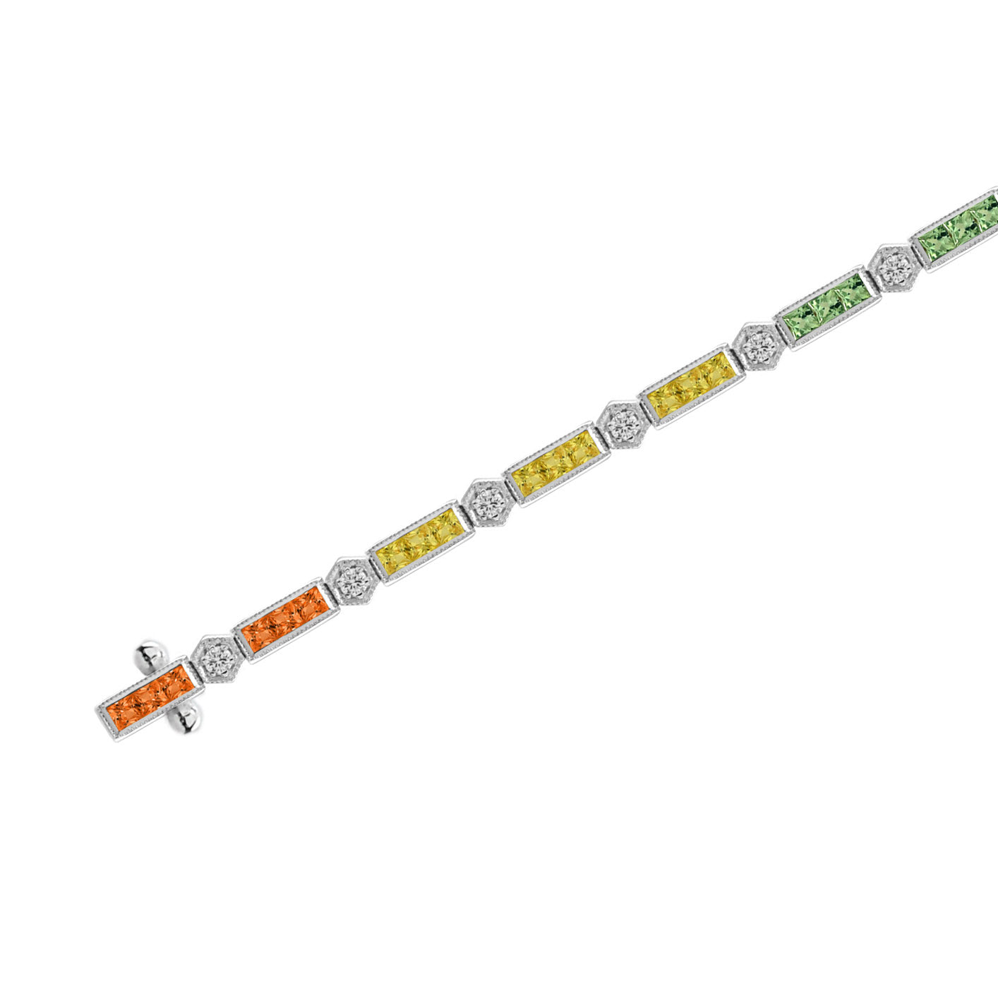Diamond Square Rainbow Color Sapphire Tennis Line Link White Gold Bracelet