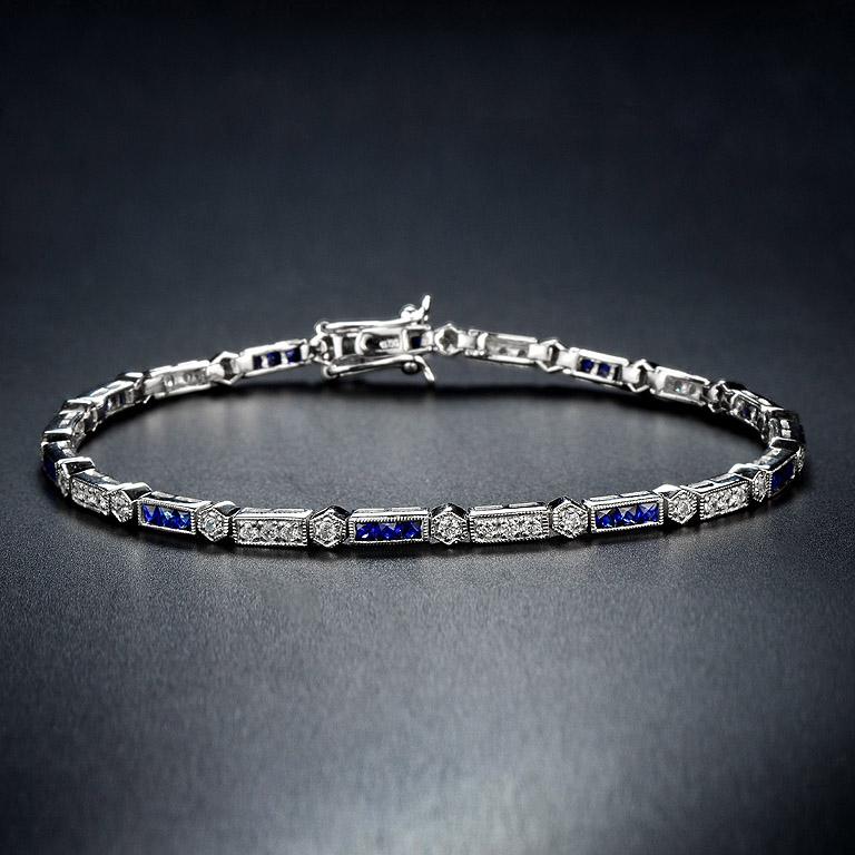 Alternate Square Shape Blue Sapphire & Diamond White Gold Tennis Line Bracelet