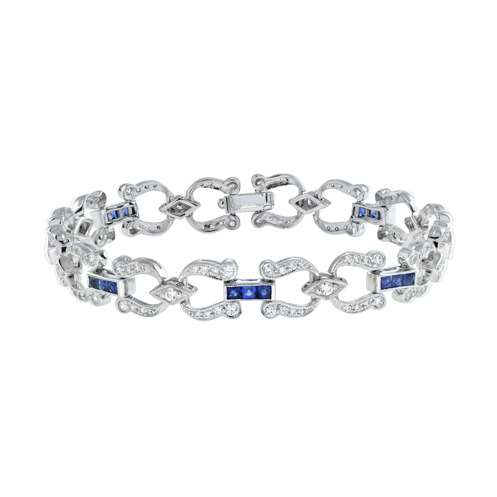 Art Deco Style Inspired Blue Sapphire & Diamond Tennis Line White Gold Bracelet