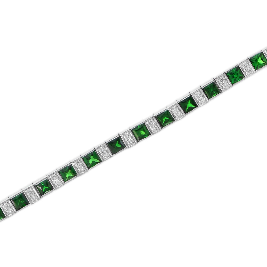 Square Green Tsavorite & Diamond Art Deco Style Tennis Line White Gold Bracelet