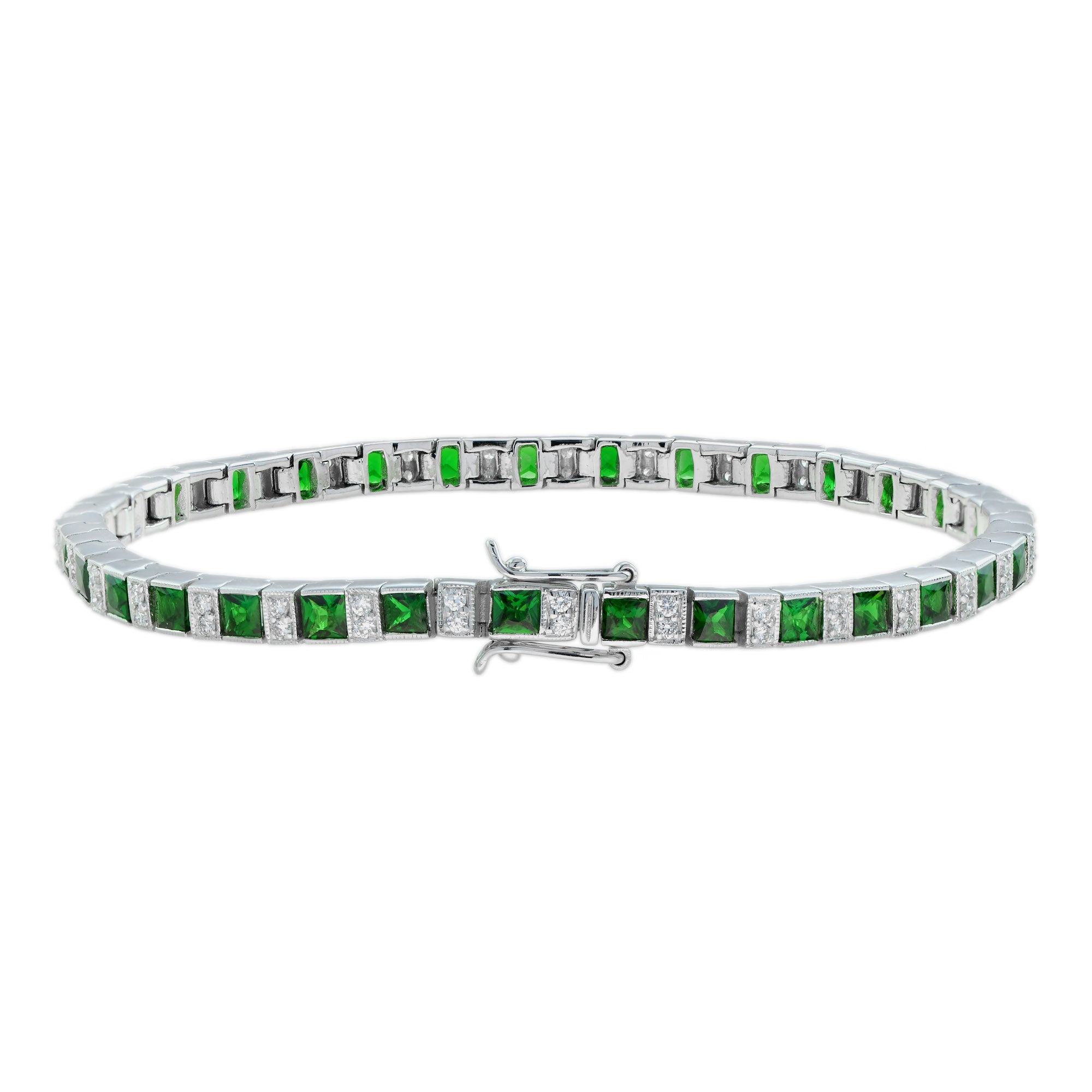 Square Green Tsavorite & Diamond Art Deco Style Tennis Line White Gold Bracelet