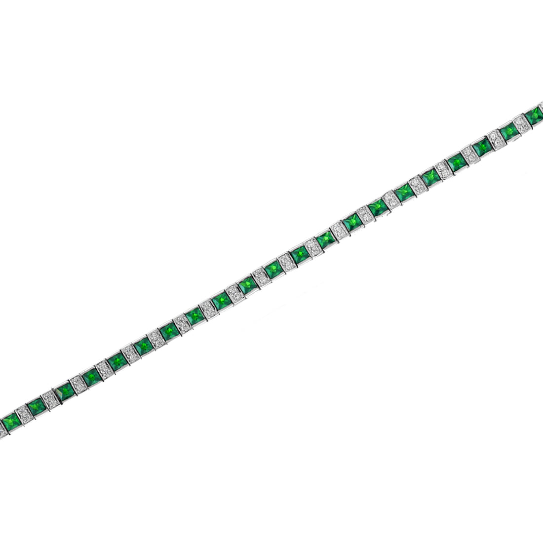 Art Deco Style Square Green Emerald & Diamond White Gold Line Tennis Bracelet