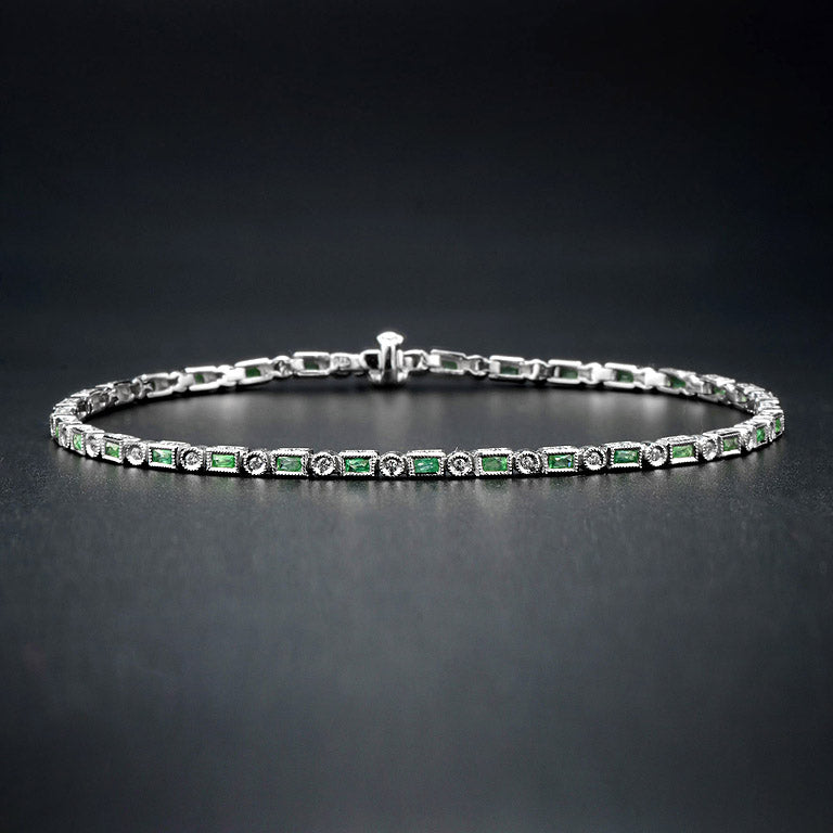 Art Deco Style  Baguette Emerald & Round Diamond Tennis Line White Gold Bracelet