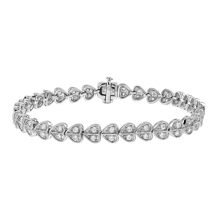 Heart Motif Shape Vintage Inspired Diamond Tennis Line 14K White Gold Bracelet
