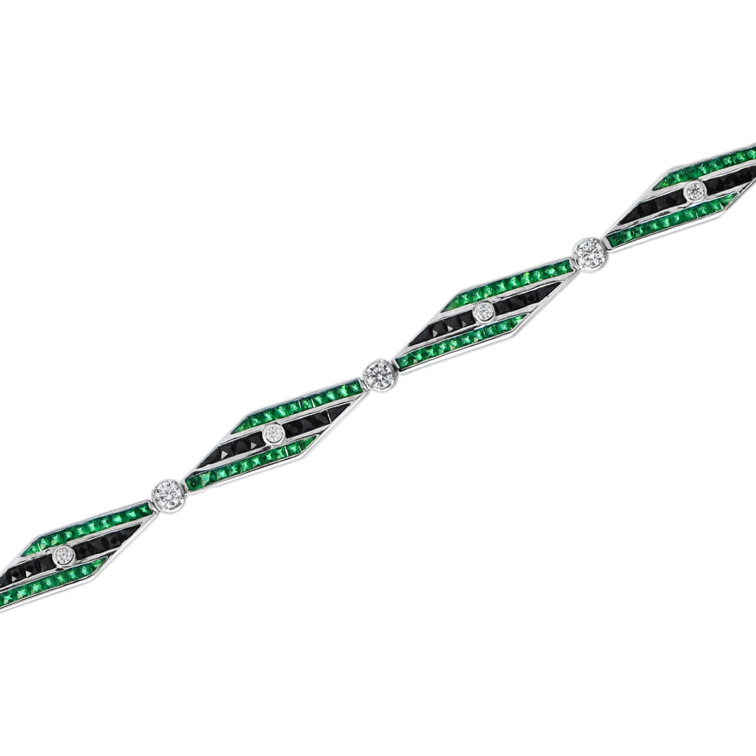 Art Deco Inspired Style Diamond & Emerald Onyx 14K White Gold Bracelet