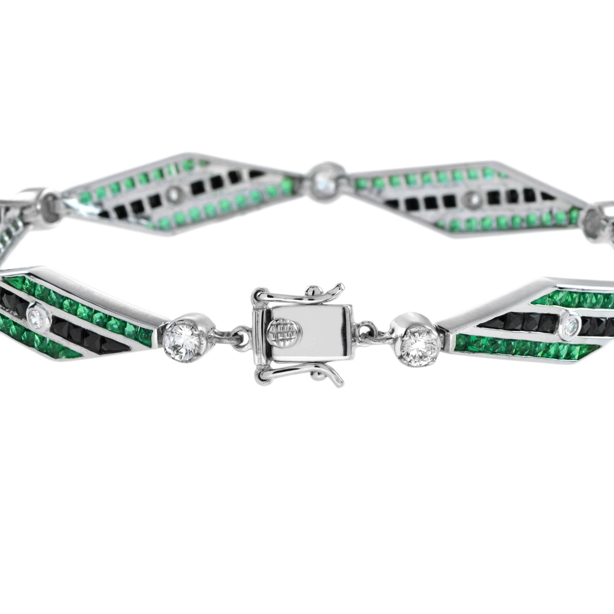 Art Deco Inspired Style Diamond & Emerald Onyx 14K White Gold Bracelet