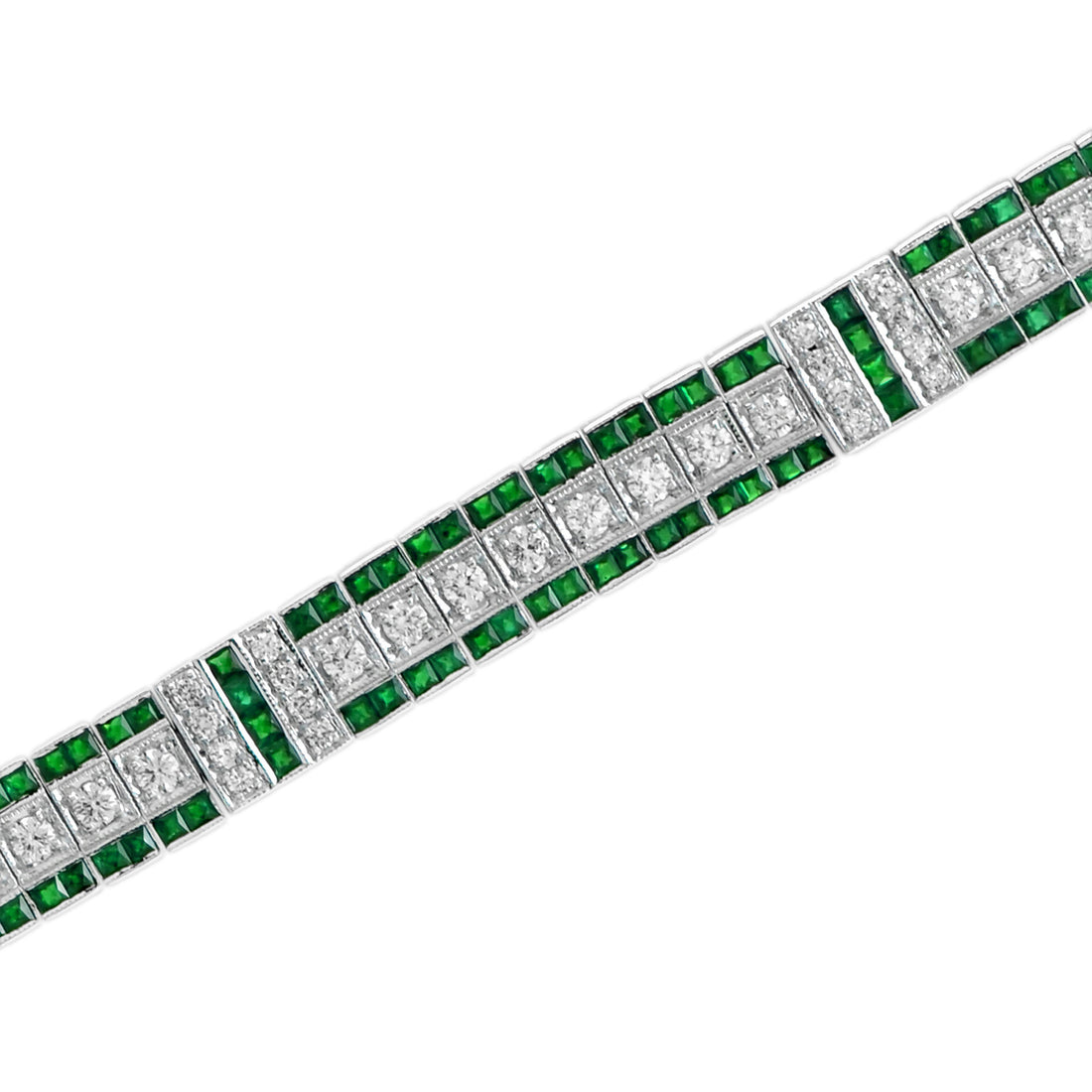 Diamond & Green Emerald Vintage Inspired Art Deco Style Link White Gold Bracelet