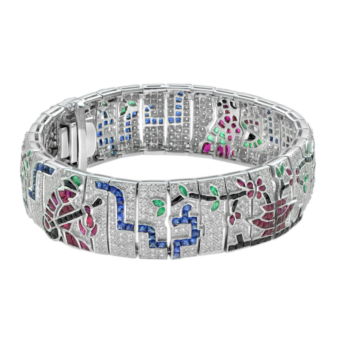 Treasures of Multi Gemstones Antique Inspired 18K White Gold Unique Bracelet