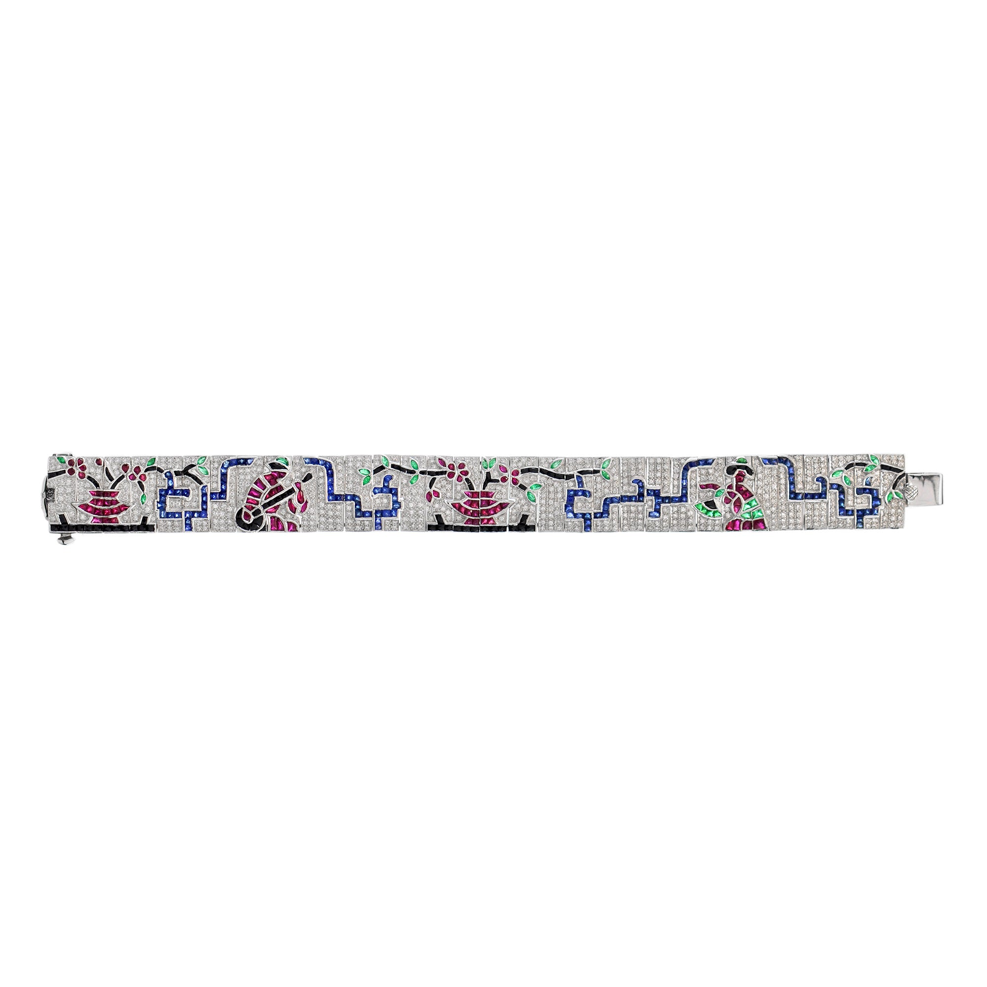 Treasures of Multi Gemstones Antique Inspired 18K White Gold Unique Bracelet