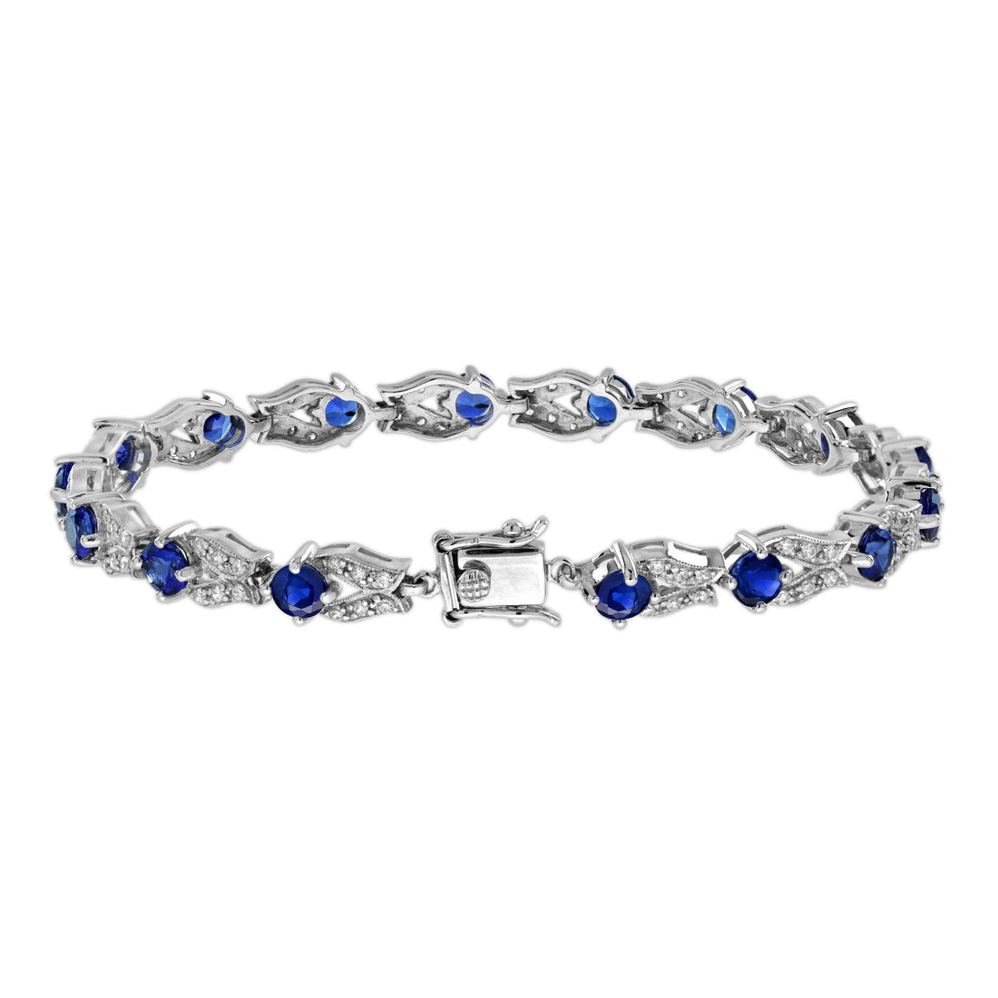 Blue Sapphire & Diamond Vintage Inspired Antique Style Link White Gold Bracelet