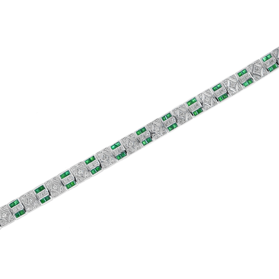 Art Deco Inspired Design Emerald & Diamond 14K White Gold Line Bracelet