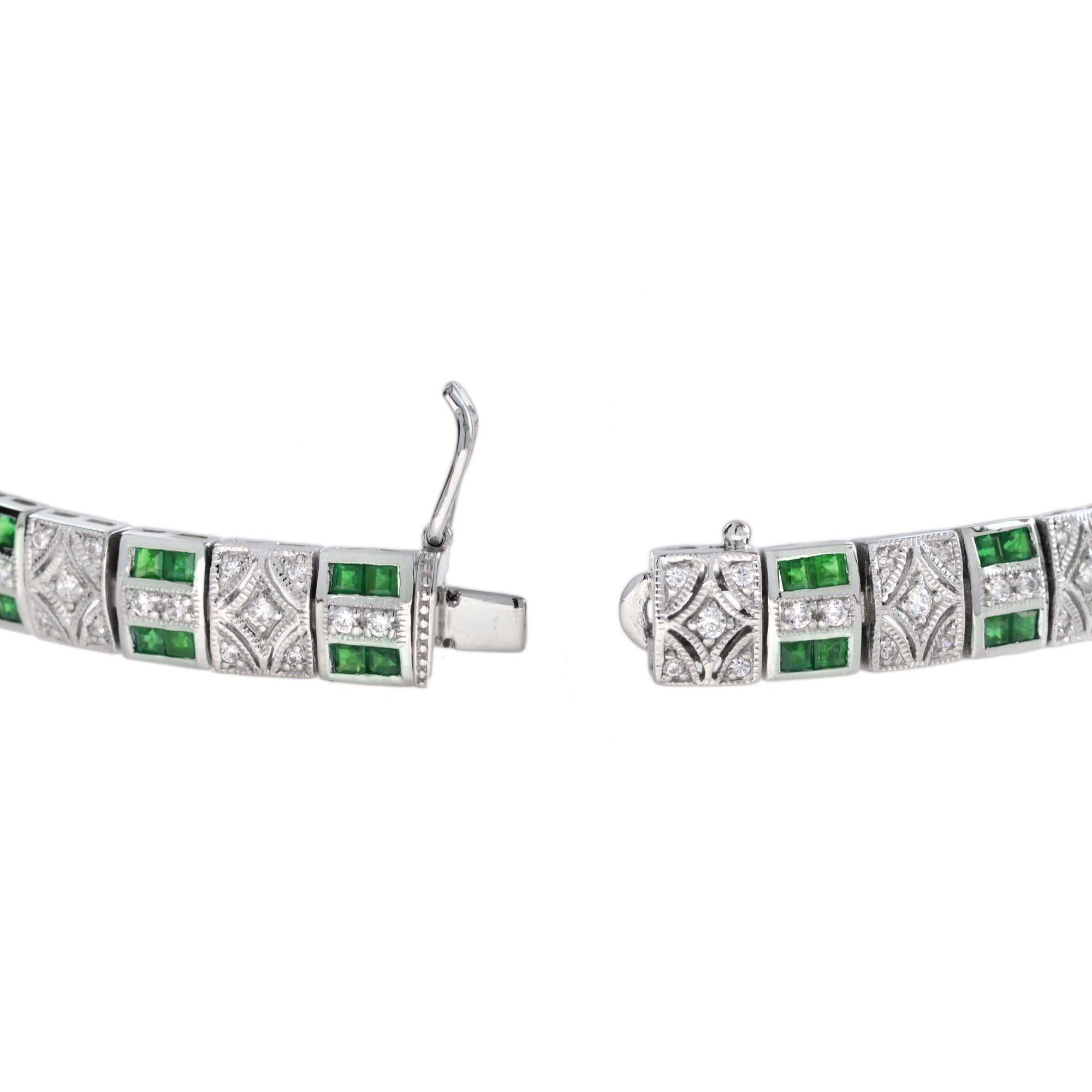 Art Deco Inspired Design Emerald & Diamond 14K White Gold Line Bracelet