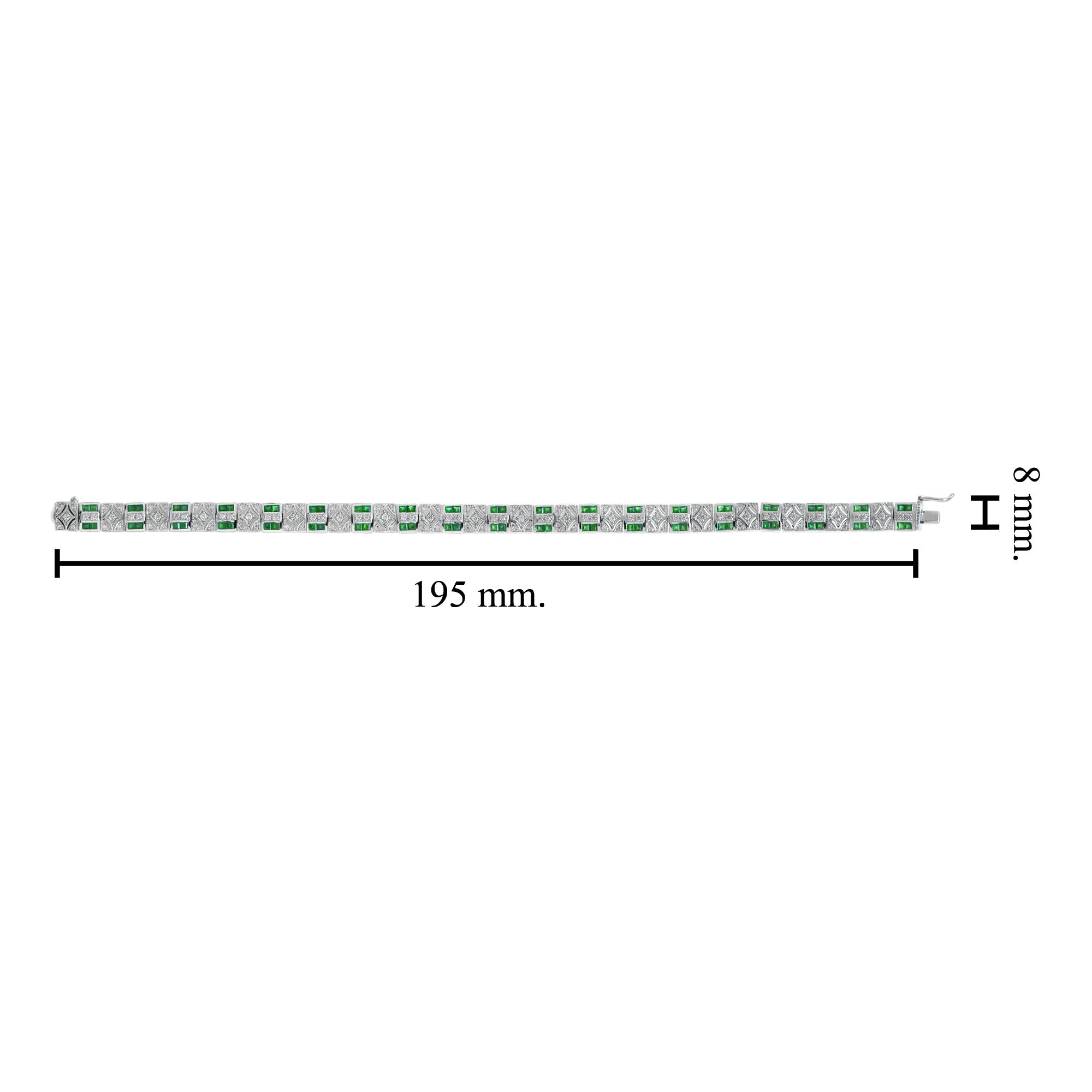 Art Deco Inspired Design Emerald & Diamond 14K White Gold Line Bracelet