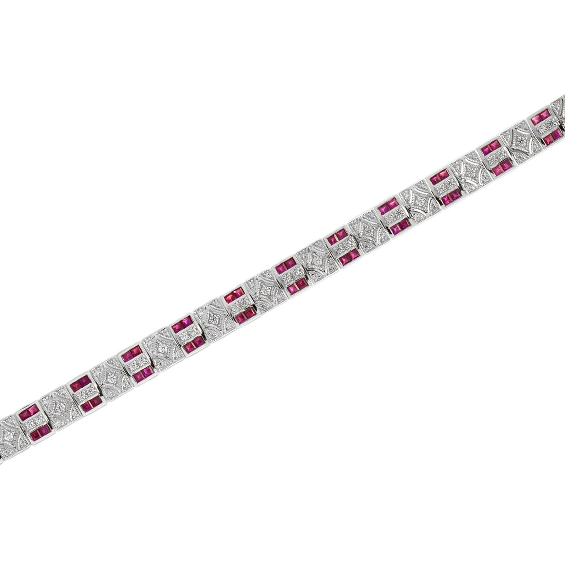 Art Deco Design Red Pink Ruby & Diamond 14K White Gold Tennis Line Bracelet