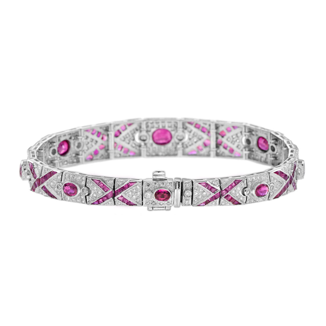 Art Deco Style Pink Red Ruby & Diamond Pattern Tennis 18K White Gold Bracelet
