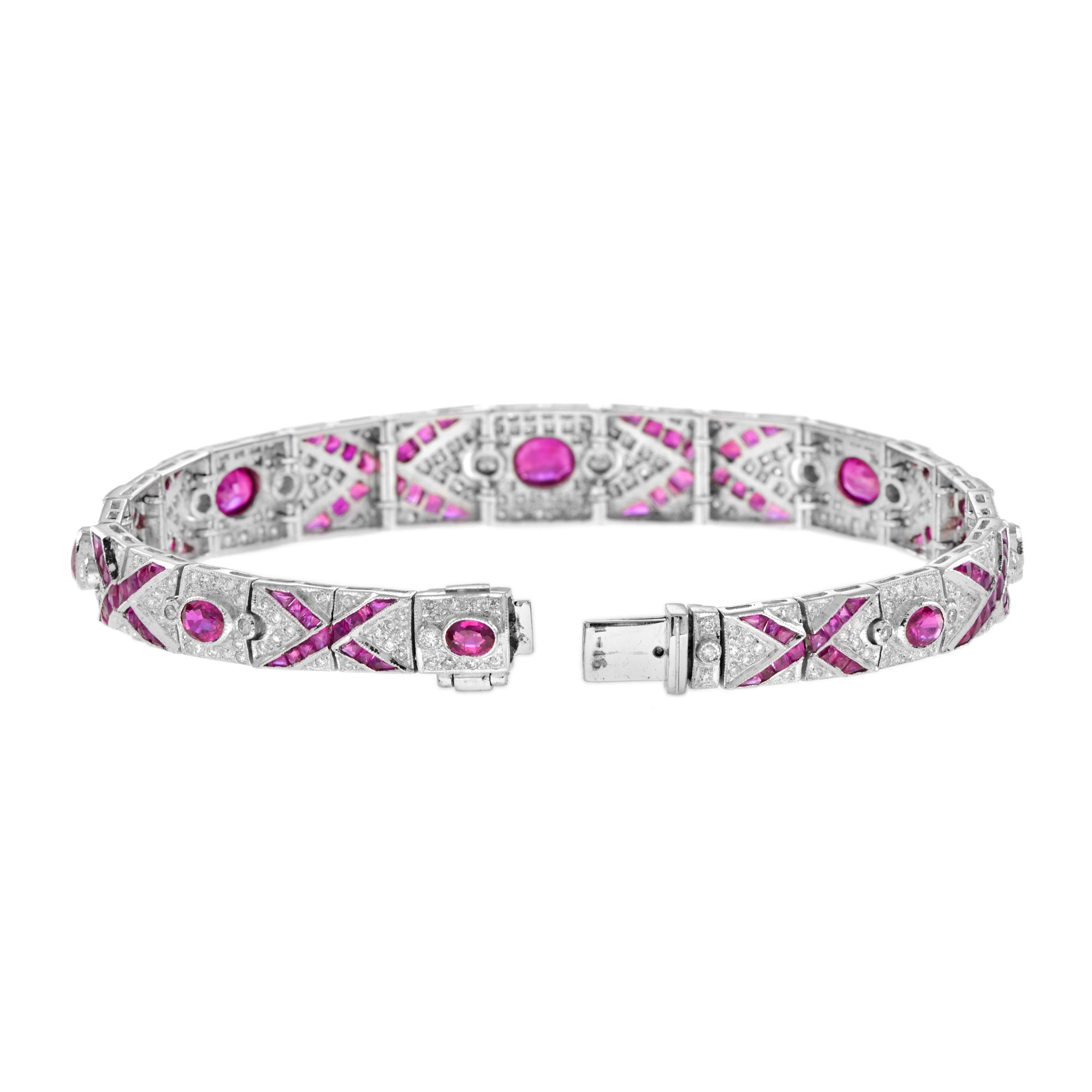Art Deco Style Pink Red Ruby & Diamond Pattern Tennis 18K White Gold Bracelet