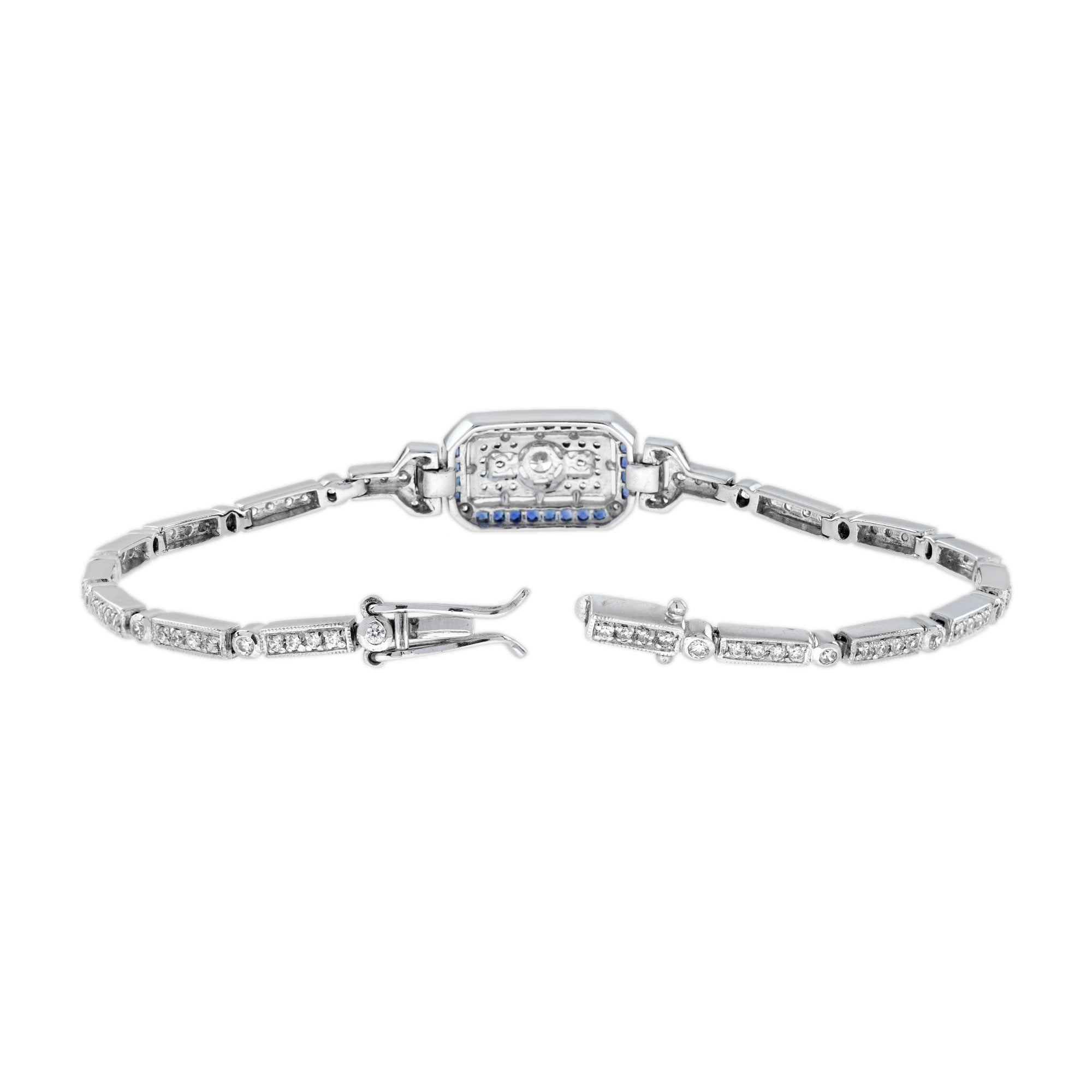 Diamond & Blue Sapphire Art Deco Style White Gold Bracelet