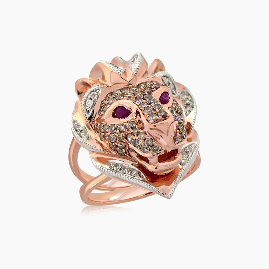 Lion Brown & White Diamond & Ruby 18K Rose Gold Ring