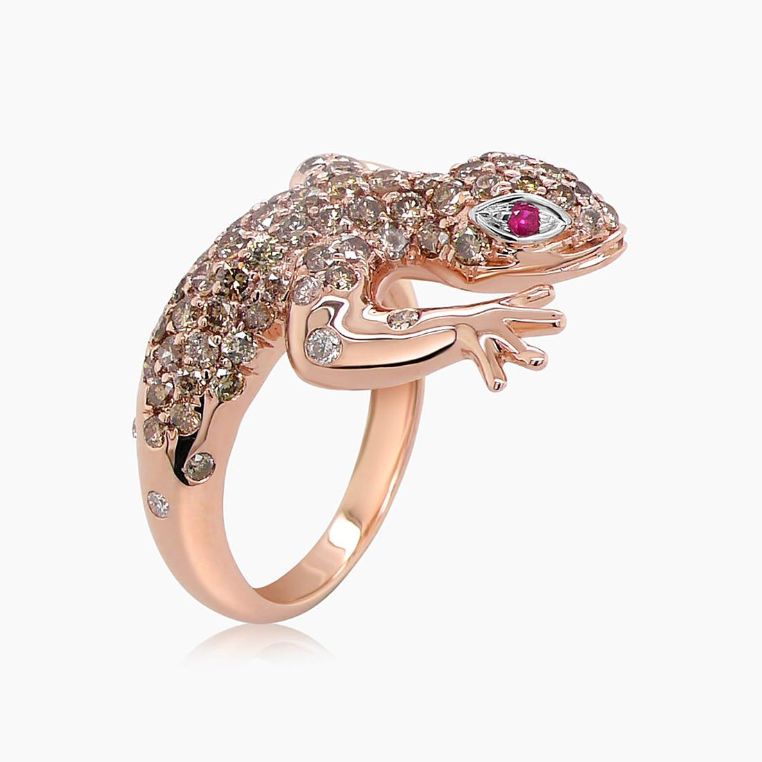 Lizard Brown & White Diamond Ruby 18K Rose Gold Ring