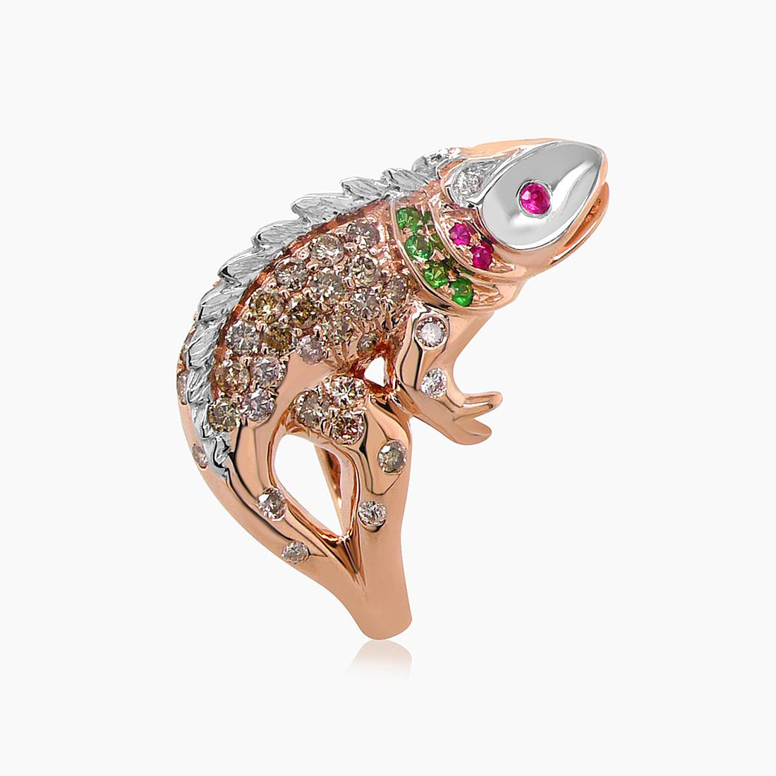 Lizard Chameleon Ruby & Diamond Pave & Green 18K Rose & White Gold Animal Ring