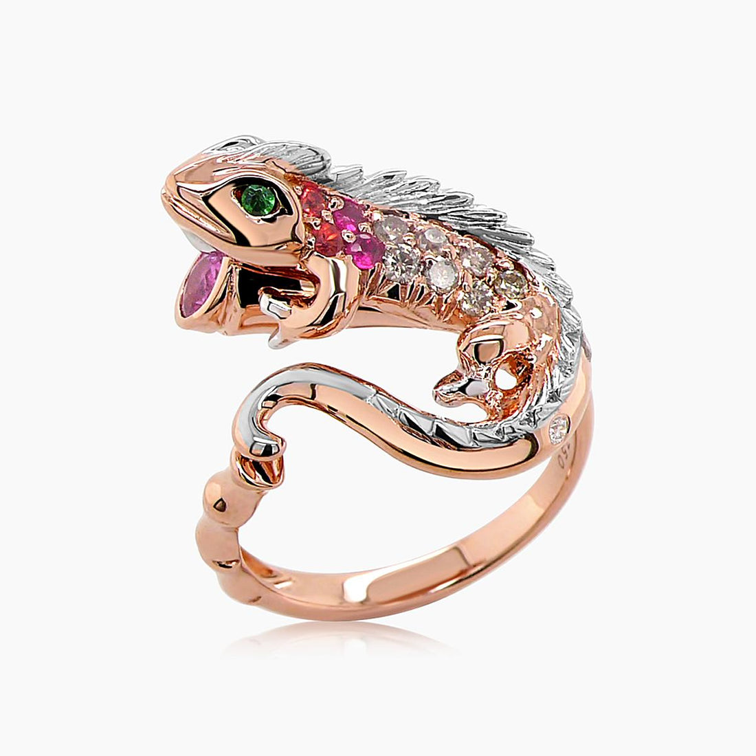 Lizard Chameleon Ruby & Diamond Pave & Gems 18K Rose & White Gold Animal Ring