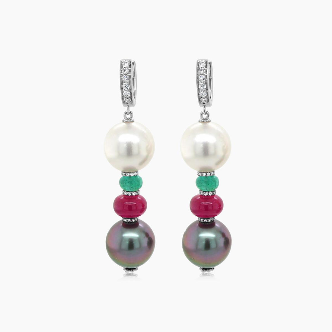 South Sea Black & White Pearl & Ruby & Emerald & Diamond 18K White Gold Earrings