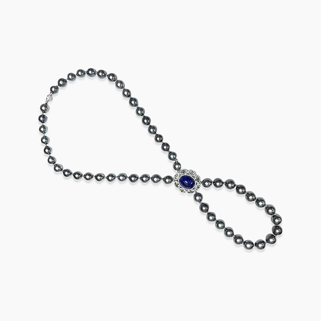 Black Tahitian Pearl & Blue Tanzanite & Diamond & Garnet 18K White Gold Necklace