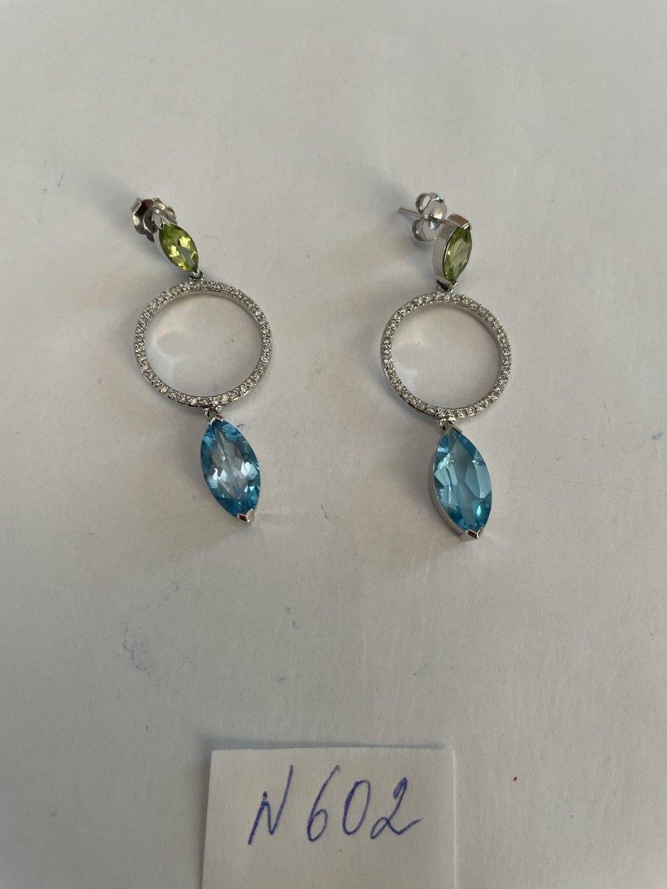 Marquise Shape Swiss Blue Topaz & Green Peridot 14K White Gold Diamond Earrings