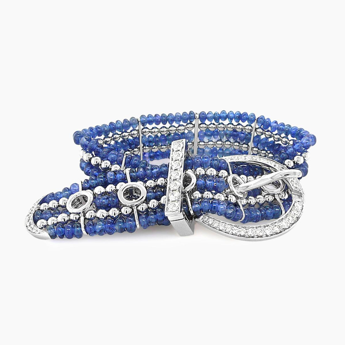 Blue Sapphire Beads & White Diamond 18K White Gold Belt Buckle Deco Bracelet