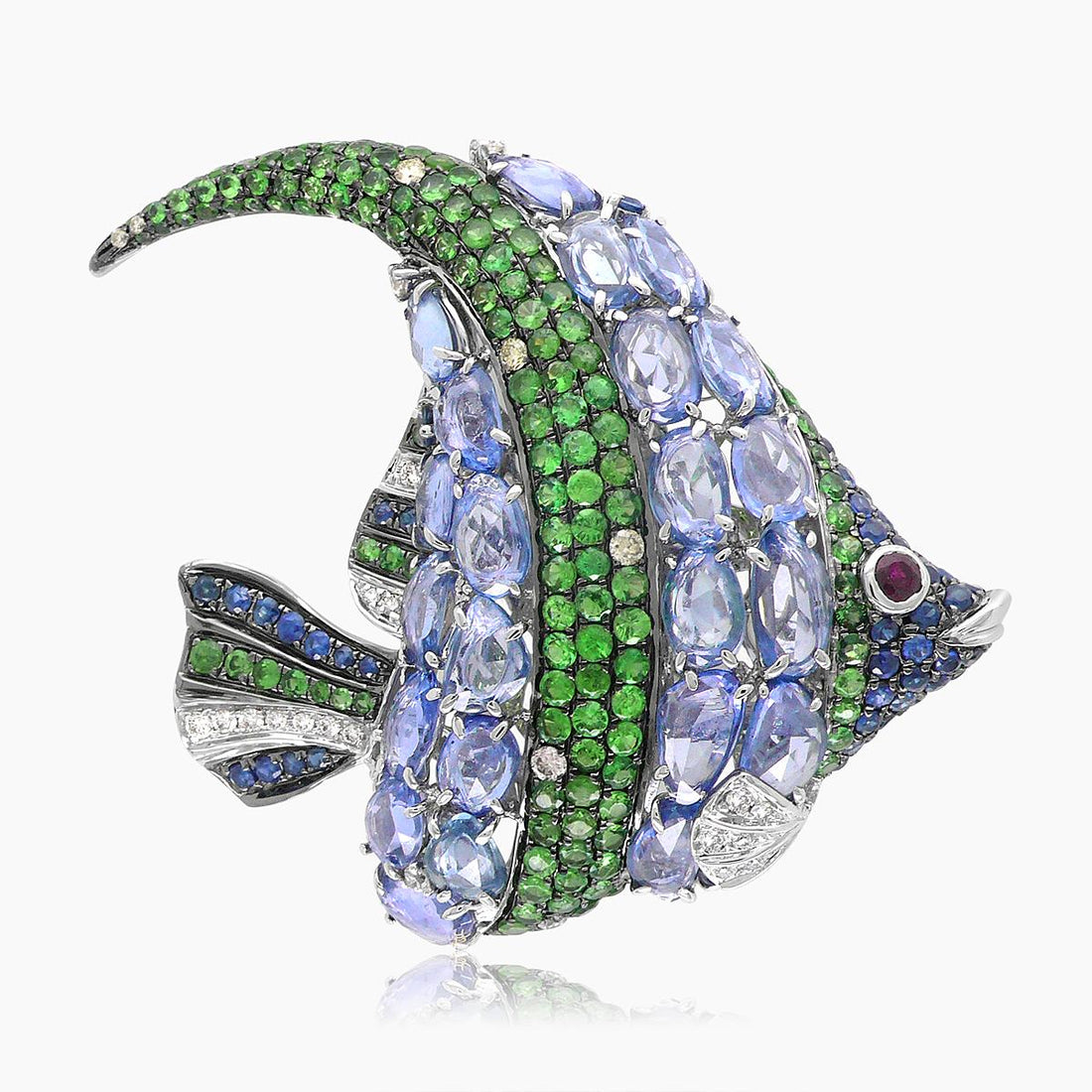 Sea Fish Blue Sapphire & Diamond & Green Garnet & Ruby 18K White Gold Pin Brooch