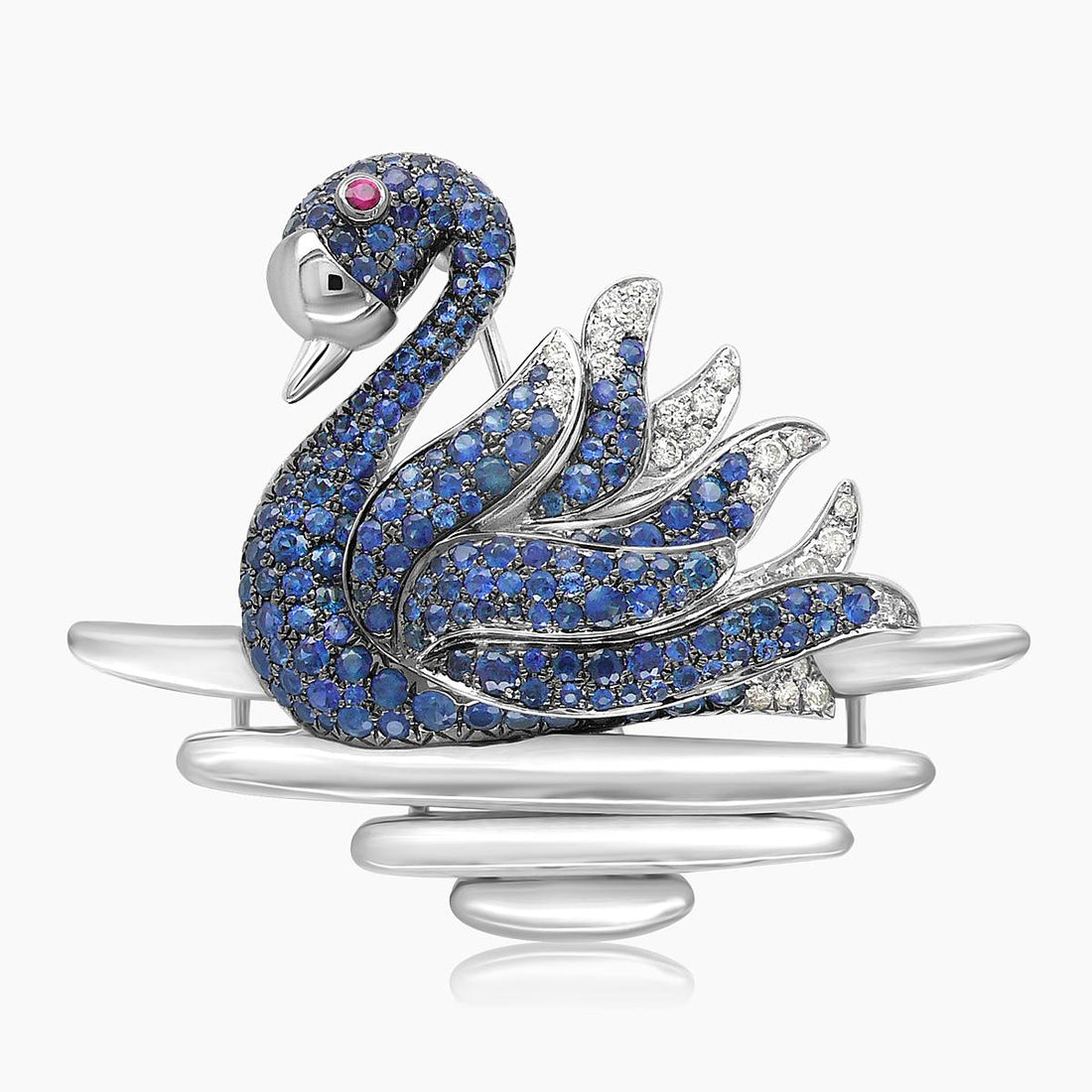 Swan Blue Sapphire & Diamond Ruby & Pearl 18K White Gold Bird Animal Brooch