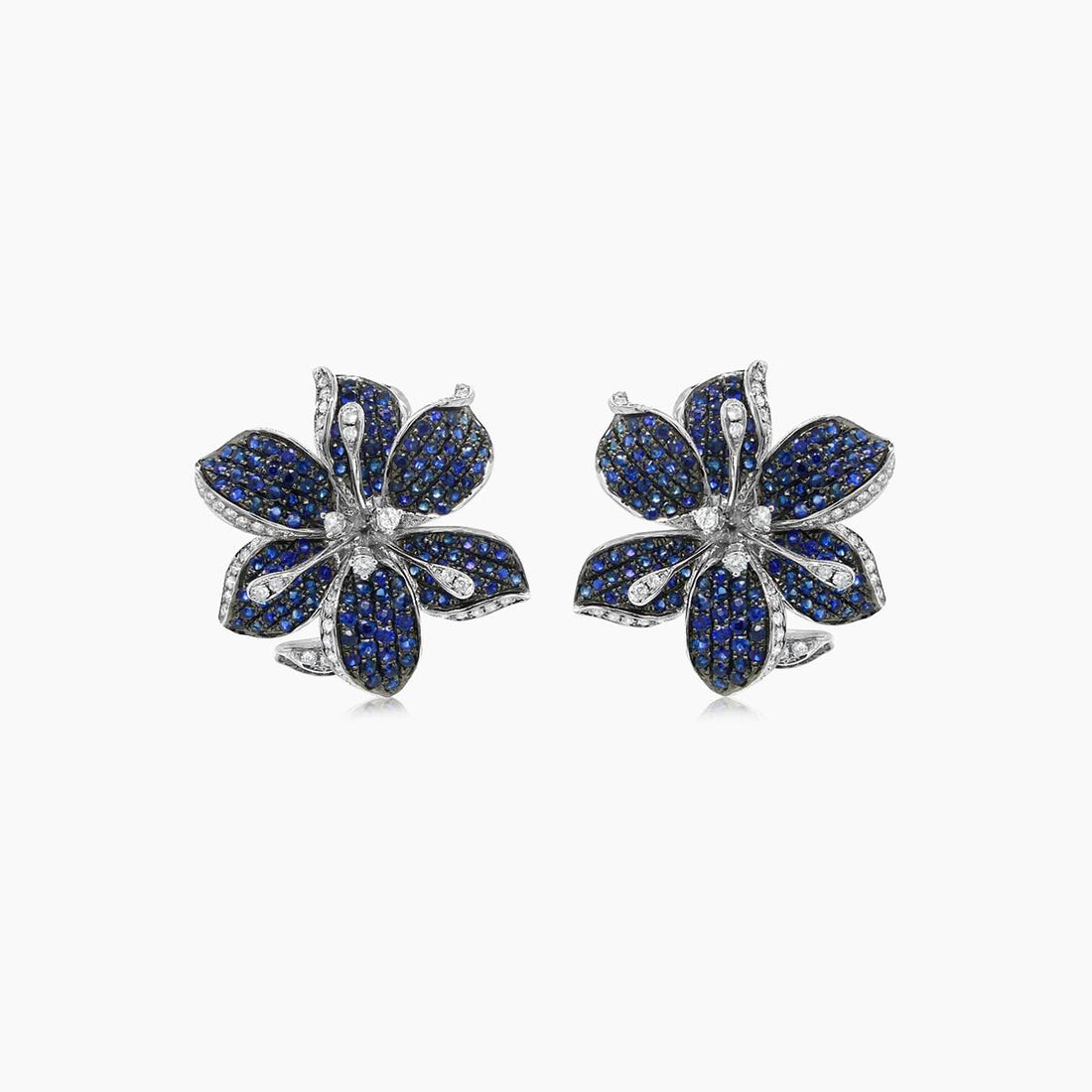 Blue Sapphire & White Diamond & Green Garnet Lilly Flower White Gold Earrings