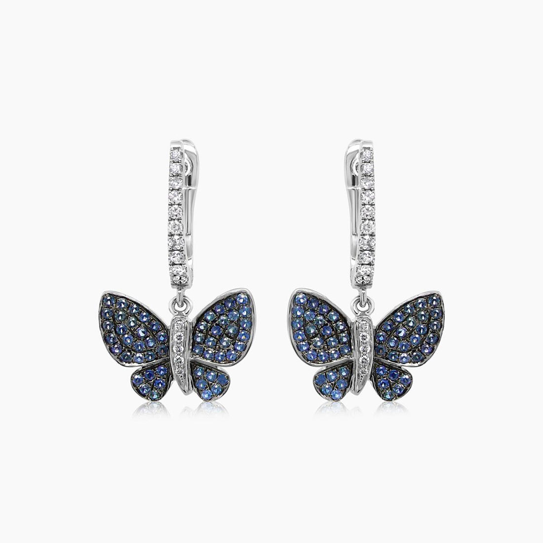 Blue Sapphire Pave & Diamonds Butterfly Sweet 18K White Gold Drop Earrings