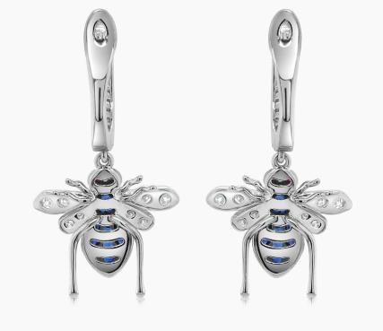 Blue Sapphire & White Diamond Pave Bee 18K White Gold Statement Animal Earrings
